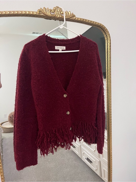 Lucky Brand Sweaters - Lucky Brand Deep Burgundy Fringe Button-Front Cardigan